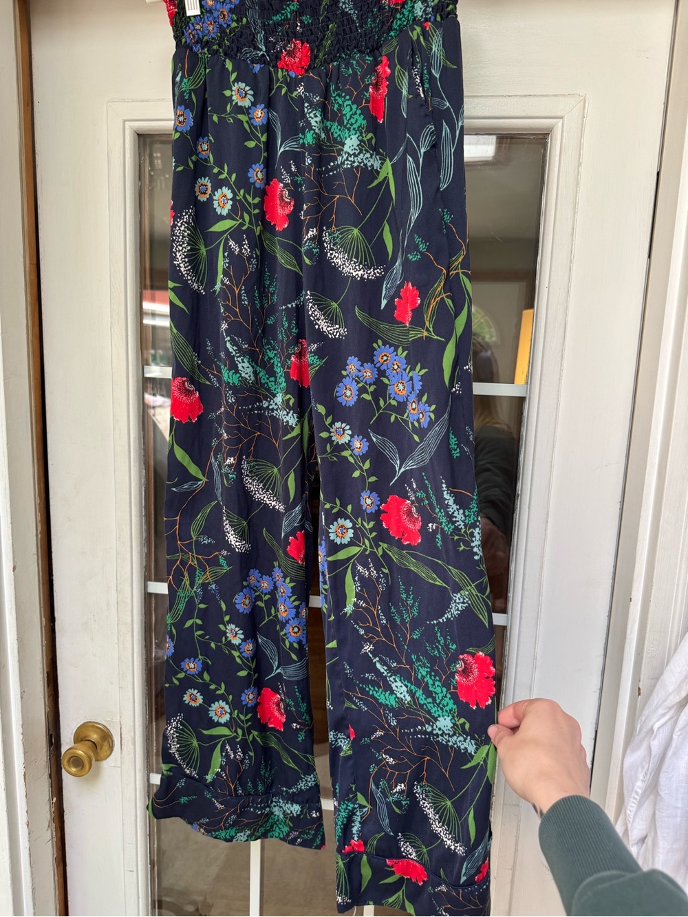 Aerie Navy Blue Botanical Floral Smocked High Waist Wide Leg Lounge Pants Small